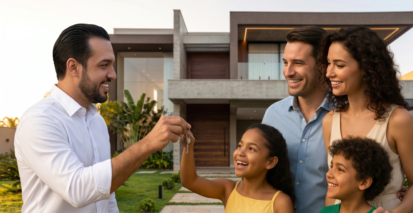 Jason Maia entregando a chave da casa nova a uma família, em frente ao imóvel